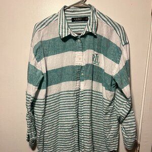 Lauren Ralph Lauren Women's Large Green White Linen Striped Button-Up Shirt